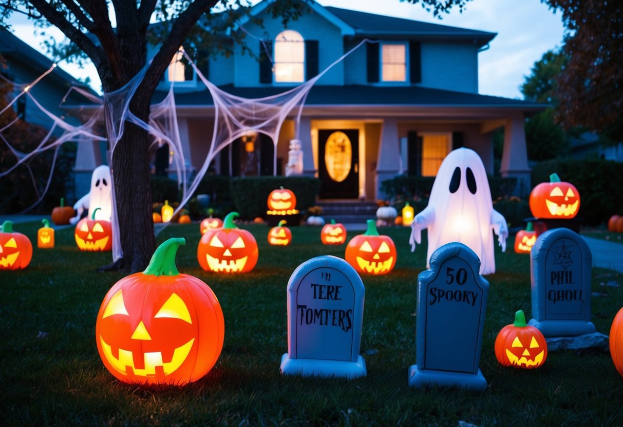 A front yard filled with spooky decorations: glowing jack-o-lanterns, cobweb-covered trees, eerie tombstones, and a giant inflatable ghost