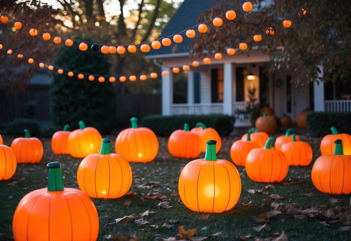 Giant inflatable pumpkins scattered across a yard, illuminated by soft orange lights, surrounded by fallen leaves and spooky decorations