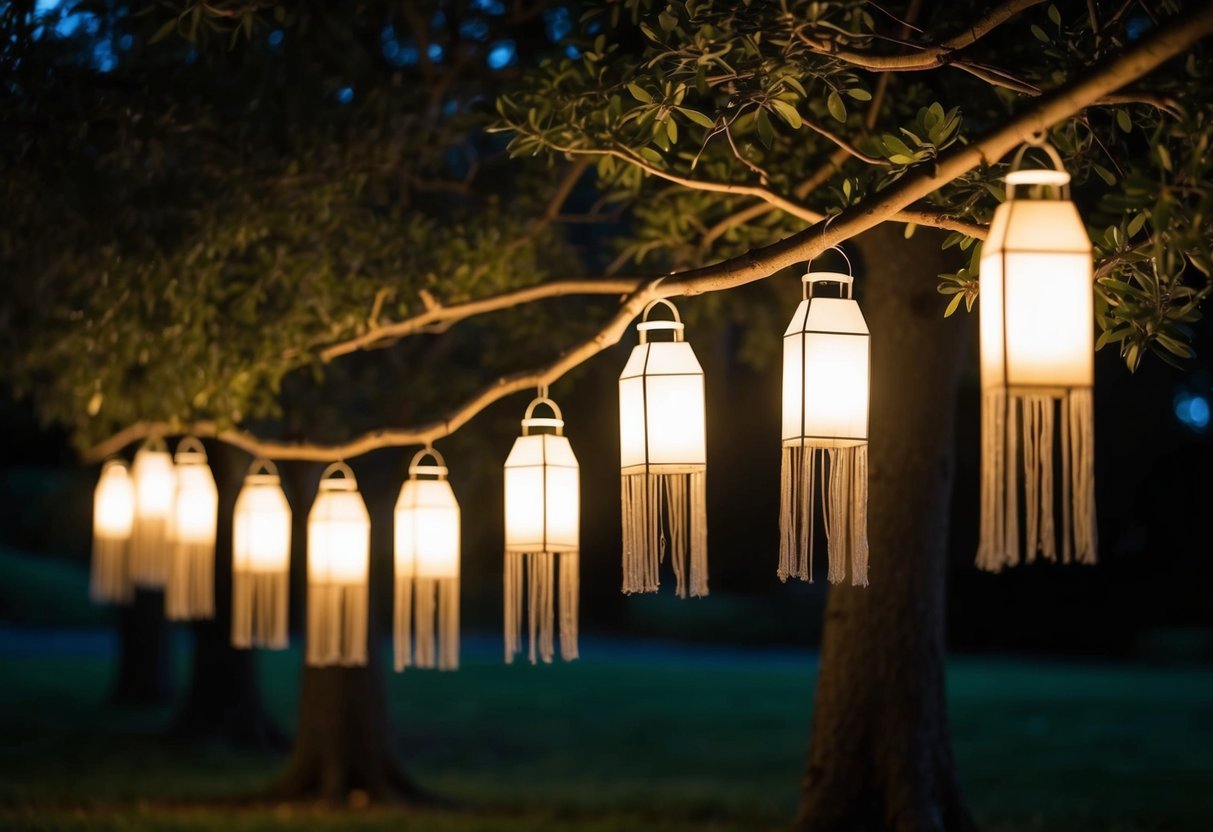 A row of ghostly lanterns dangle from tree branches, emitting an eerie glow in the dark night