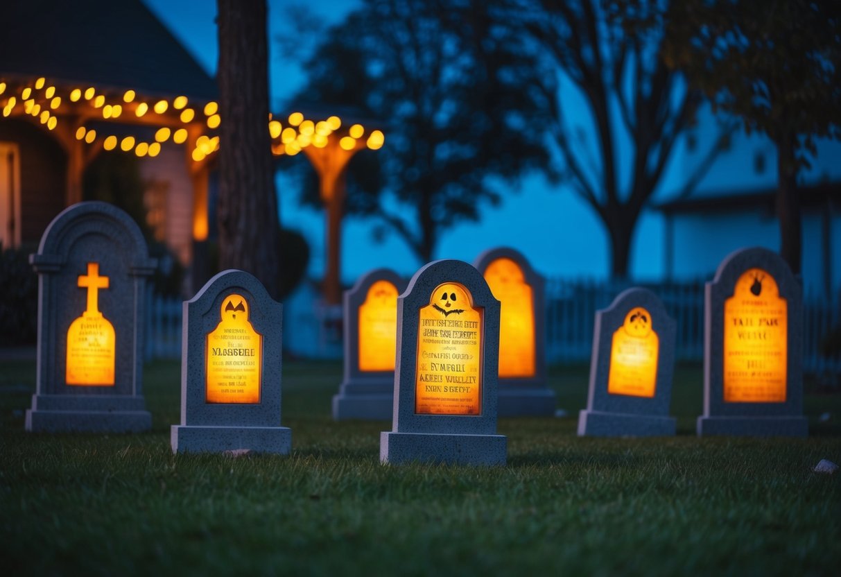 Several tombstones with glowing LED lights illuminate a dark outdoor Halloween display