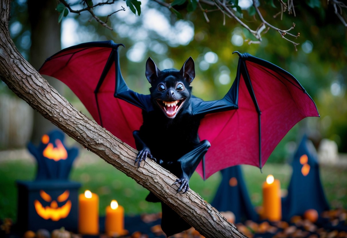 A vampire bat with a wide grin perched on a tree branch, surrounded by spooky outdoor Halloween decorations