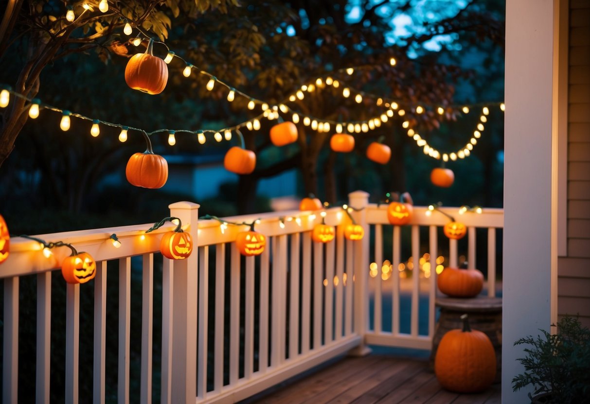 A cozy outdoor scene with pumpkin string lights hanging from trees and wrapped around porch railings, creating a warm and inviting Halloween atmosphere