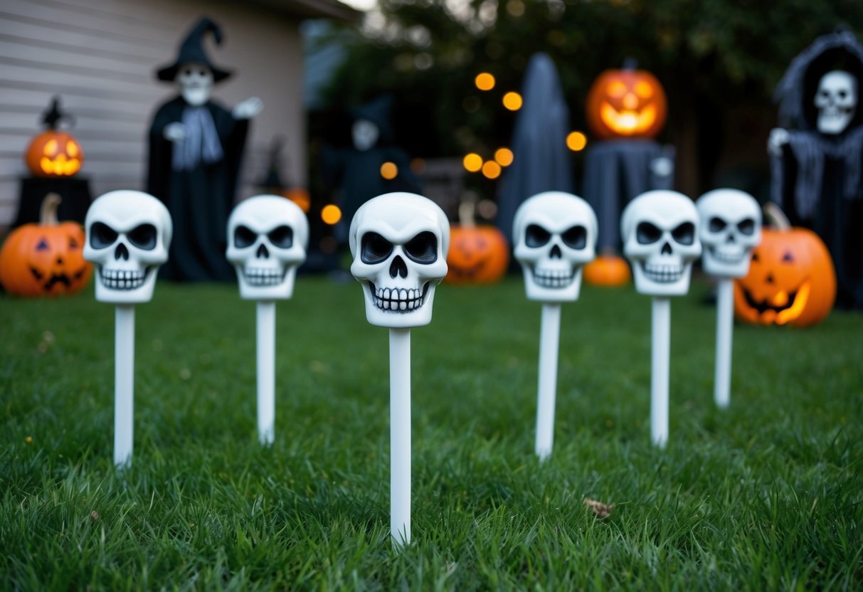 A yard filled with grinning skull stakes, surrounded by spooky Halloween decorations