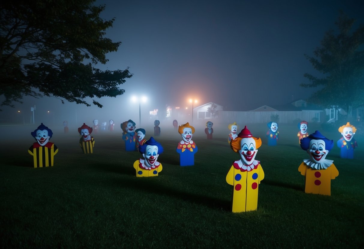 A dark, foggy night with 19 creepy clown cutouts scattered throughout an outdoor Halloween display