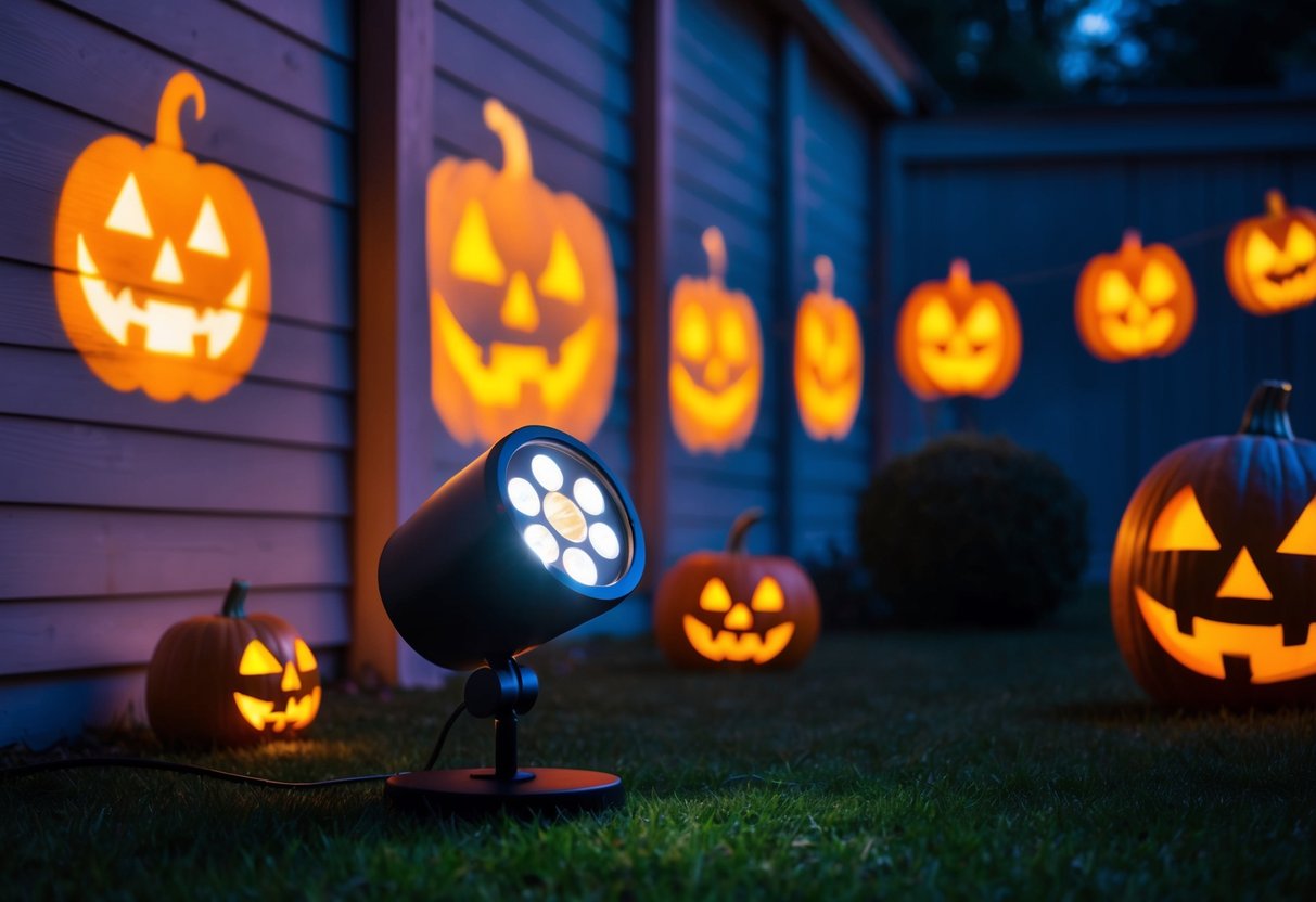 A spooky outdoor scene with a LED pumpkin projector casting eerie jack-o-lantern images onto the walls and ground, surrounded by other Halloween decorations