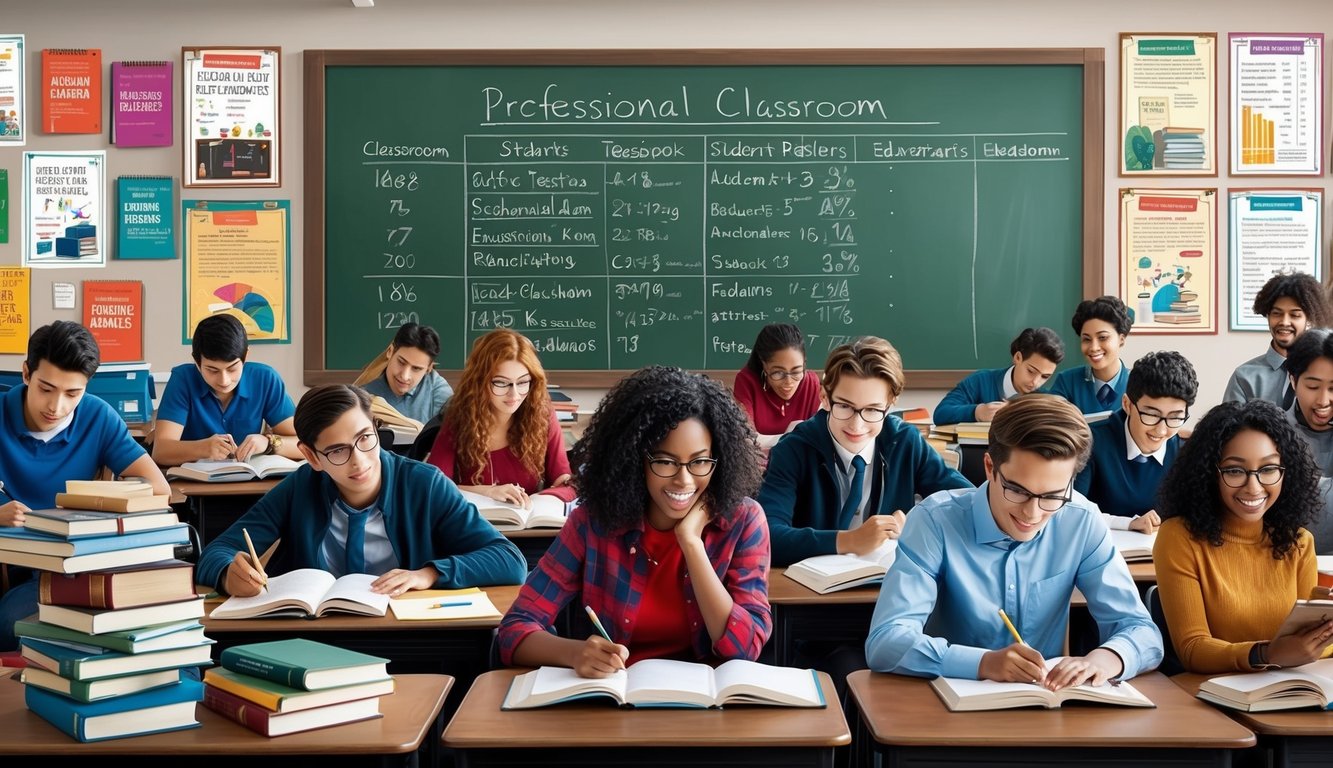 Öğrencilerin hevesle çalıştığı, ders kitapları ve eğitim posterleriyle çevrili, akademik verilerin yer aldığı büyük bir kara tahta ile dolu hareketli bir sınıf.