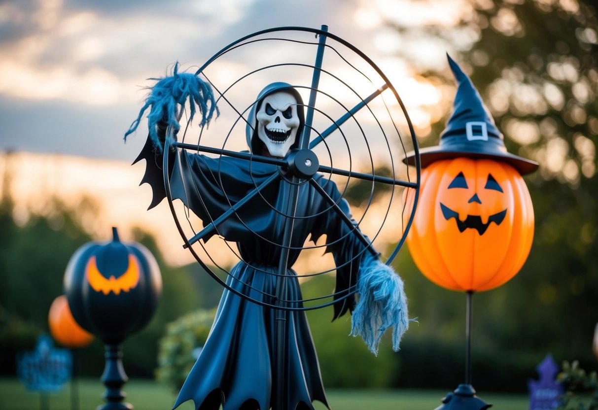 A ghoul wind spinner spins eerily in the wind, surrounded by other outdoor Halloween decorations