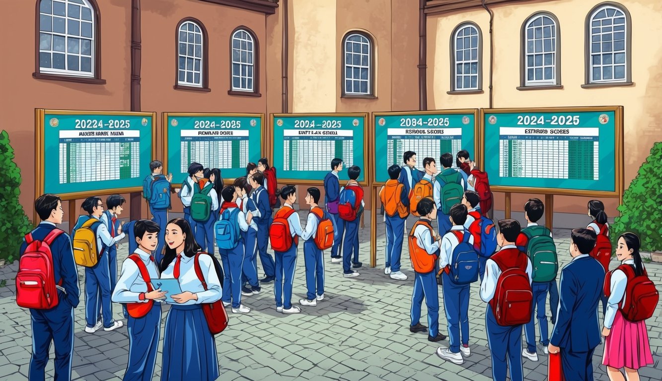 Diyarbakır'da, 2024-2025 lise giriş sınavı puanlarının sergilendiği ilan panolarının etrafında toplanmış öğrencilerin bulunduğu hareketli bir okul avlusu.