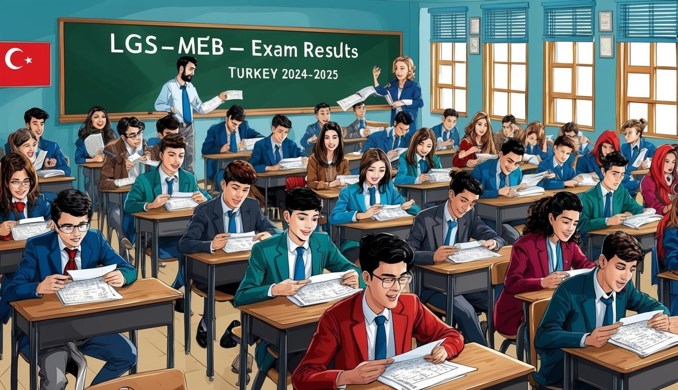Türkiye'nin Diyarbakır şehrinde, öğrencilerin 2024-2025 LGS-MEB sınav sonuçlarını heyecanla kontrol ettiği hareketli bir sınıf.