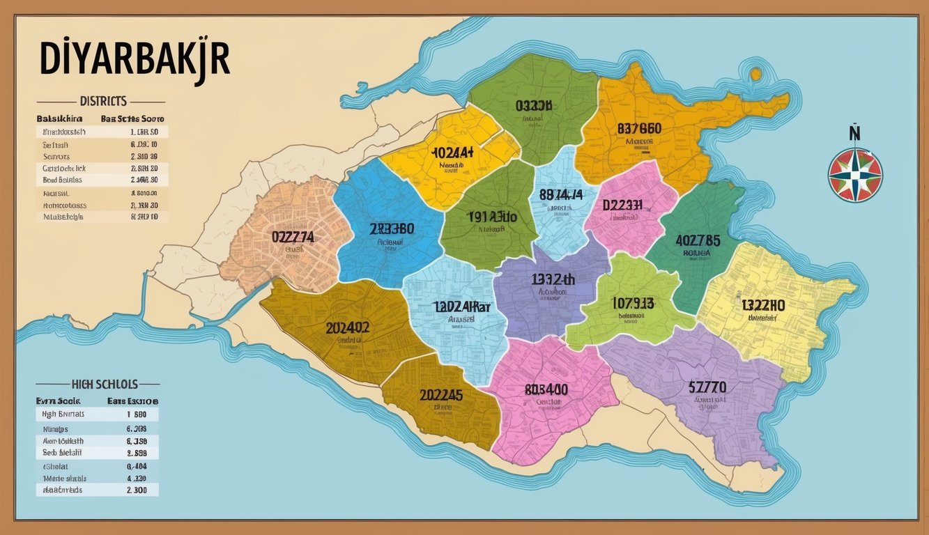 2024 ve 2025 için temel puanlarıyla etiketlenmiş ilçeler ve ilgili liseleri içeren Diyarbakır'ın renkli haritası