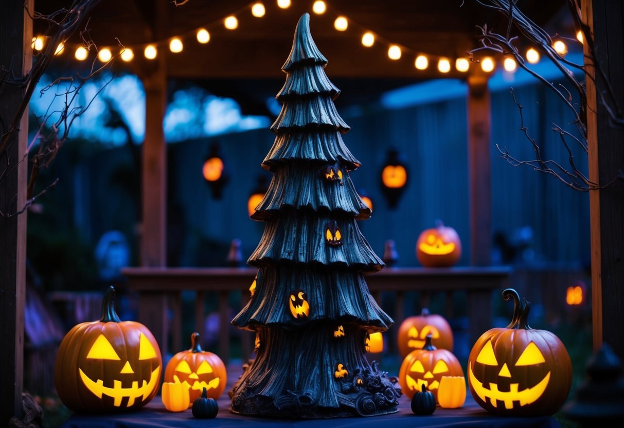 A resin haunted tree decor stands in a dimly lit outdoor Halloween setting, surrounded by eerie decorations and spooky ambiance