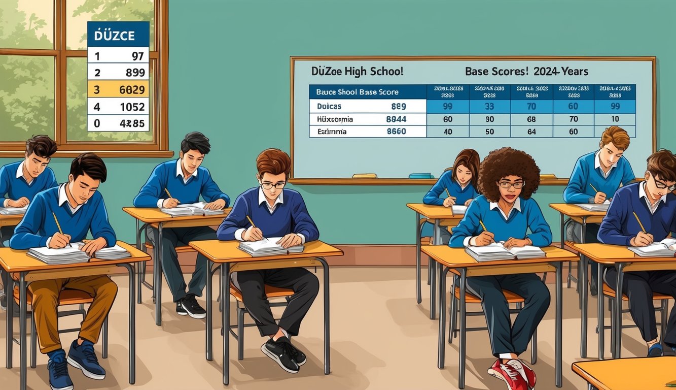 Öğrencilerin ders çalıştığı ve sınavlara girdiği bir sınıf sahnesi, 2024-2025 akademik yılı için Düzce lisesi temel puanlarını gösteren bir grafik ile.