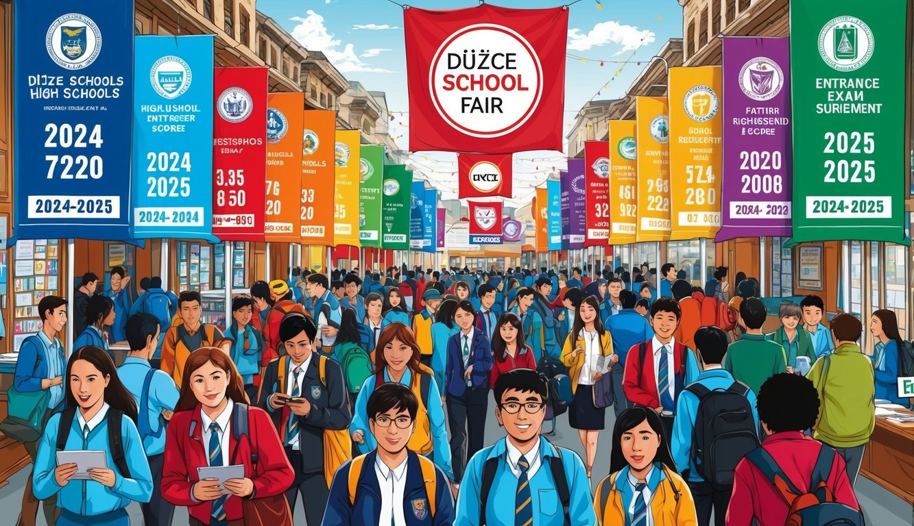 Türkiye'nin Düzce şehrinde, 2024-2025 için çeşitli liselerin giriş sınavı puan gereksinimlerini gösteren renkli pankartlarla dolup taşan bir okul fuarı