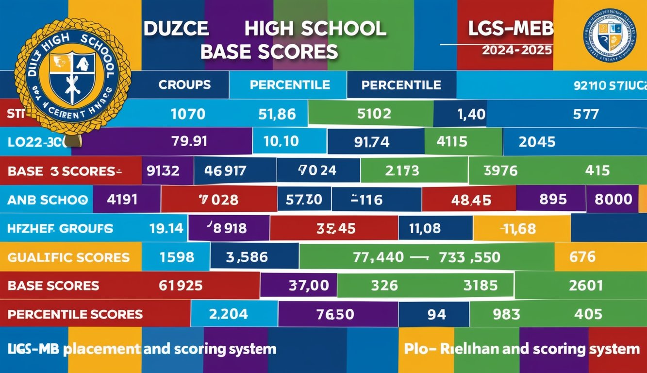 2024-2025 yılı için Düzce lise taban puanlarını yüzde dilim gruplarına ayrılmış olarak gösteren renkli bir grafik, LGS-MEB yerleştirme ve puanlama sistemi logosu ile birlikte.