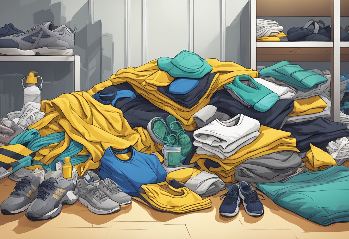 A pile of workout gear and clothing emitting toxic fumes, surrounded by warning signs and caution tape