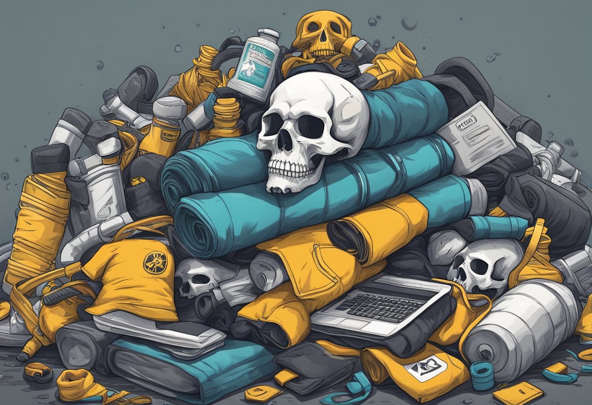 A pile of workout gear emits toxic fumes, surrounded by warning signs and a skull and crossbones symbol