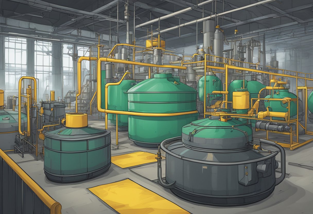 A textile production facility with chemical tanks and warning signs, surrounded by workout gear emitting toxic fumes