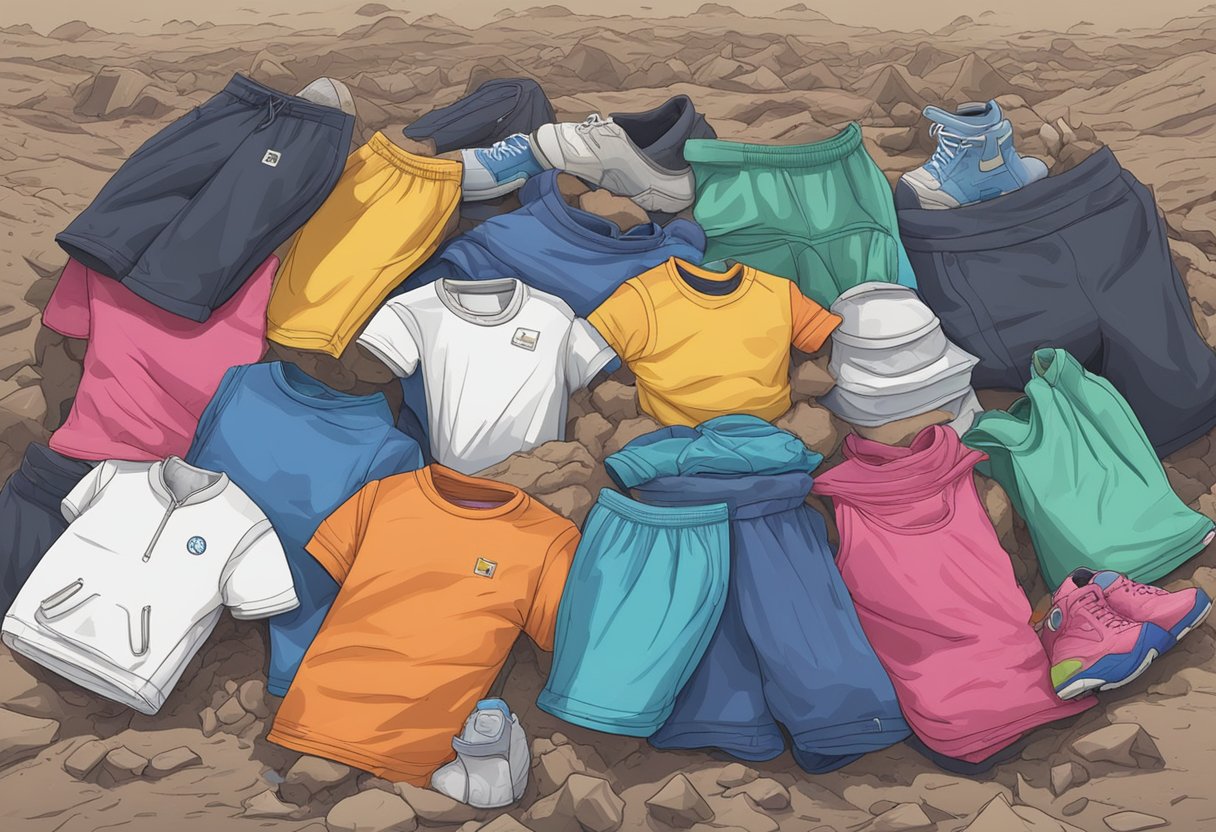 A pile of synthetic workout clothes sits in a landfill, leaching harmful chemicals into the soil and water