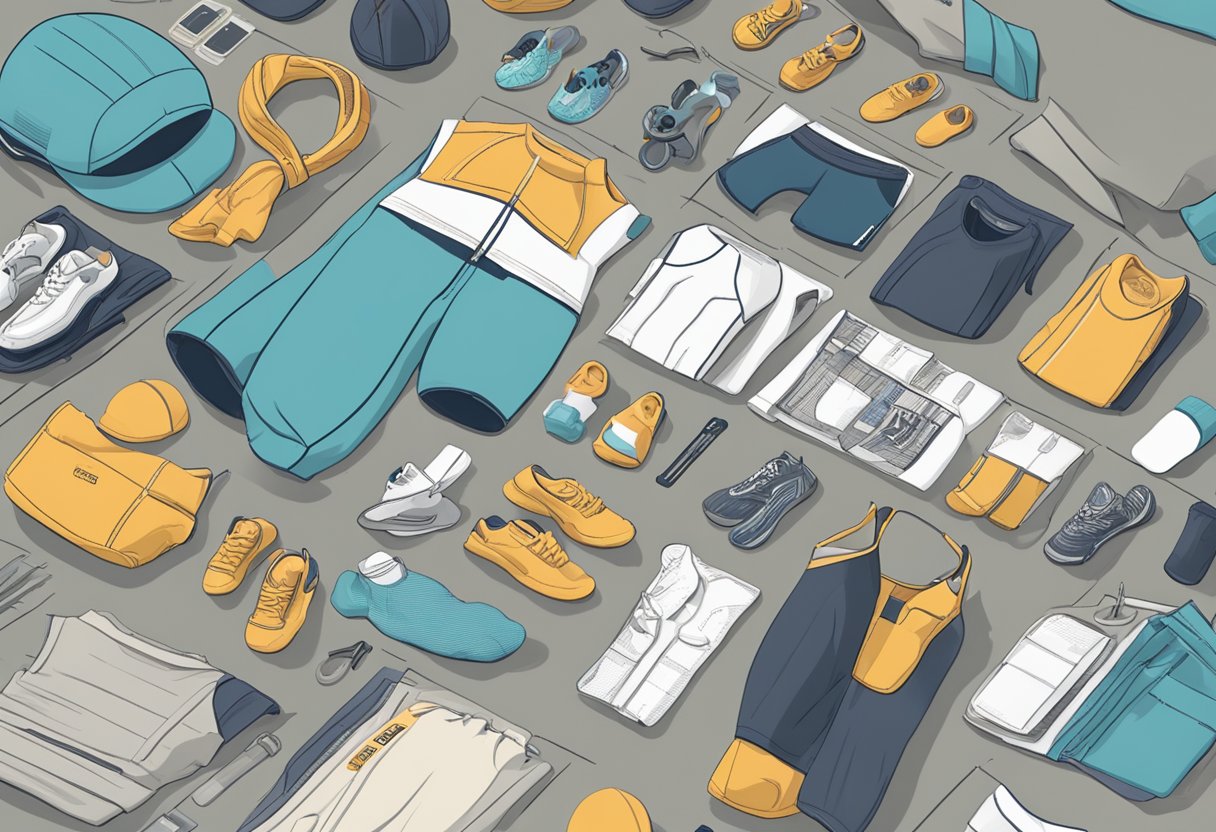 A person browsing through workout gear, surrounded by various types of clothing and equipment, with a focus on labels and materials