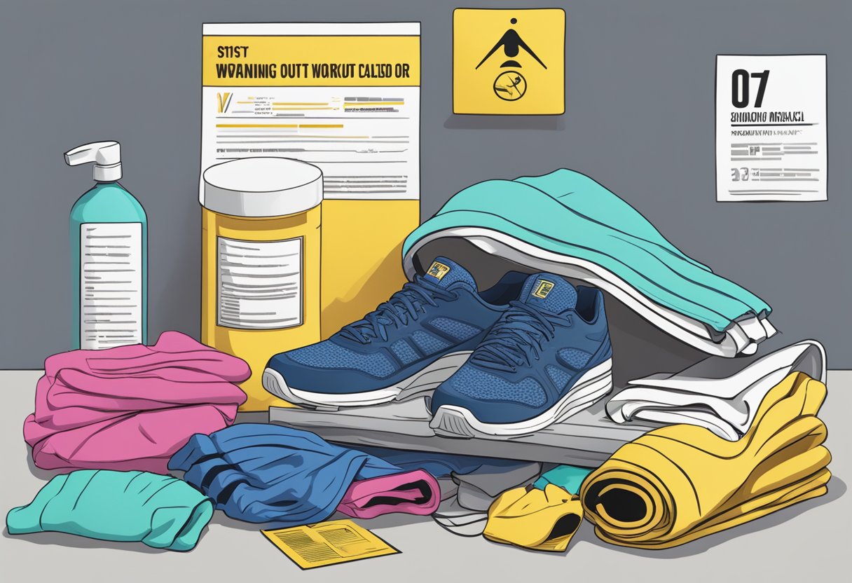 A pile of workout clothing, emitting a faint chemical odor, sits next to a warning label