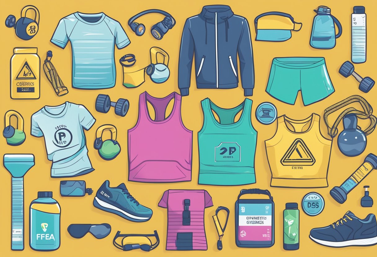 A lineup of 10 fitness apparel brands with PFAS-free labels, surrounded by caution signs and chemical symbols, highlighting the hidden dangers of toxic workout gear