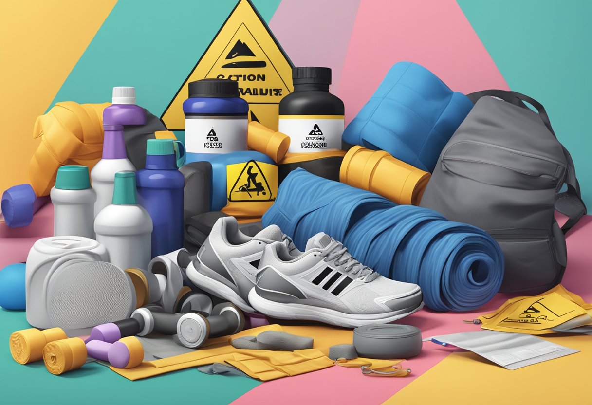 A pile of workout gear with caution symbols and chemical warning labels scattered around