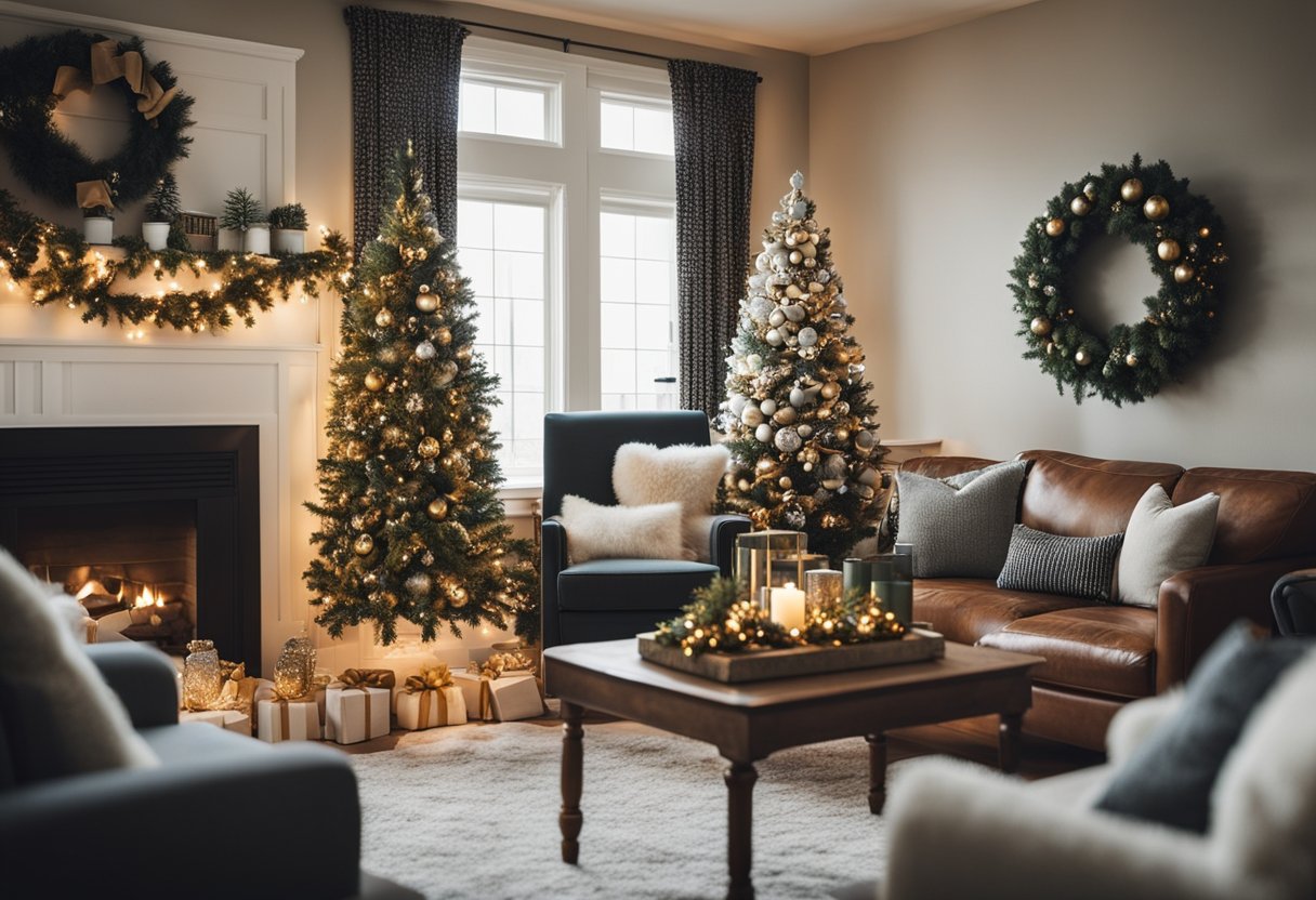 A cozy living room adorned with homemade Christmas decorations, including a handcrafted wreath, glittering ornaments, and a festive garland