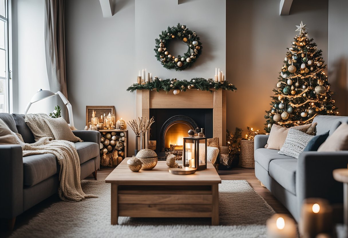 A cozy living room adorned with hand-painted wooden ornaments, each unique and festive, adding a touch of warmth and charm to the holiday decor