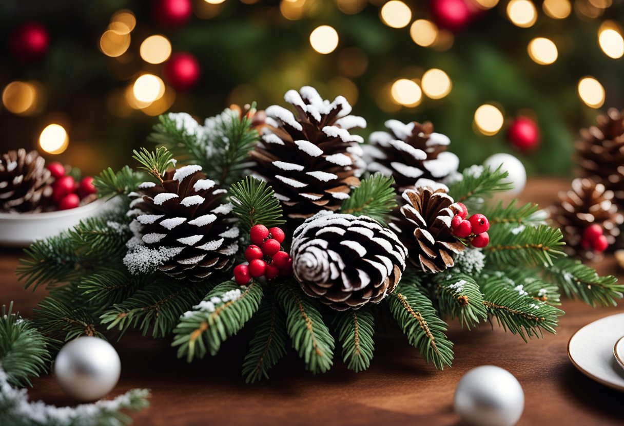 Snow-dusted pinecones arranged in a centerpiece with greenery and berries, set on a festive table with twinkling lights and holiday decor