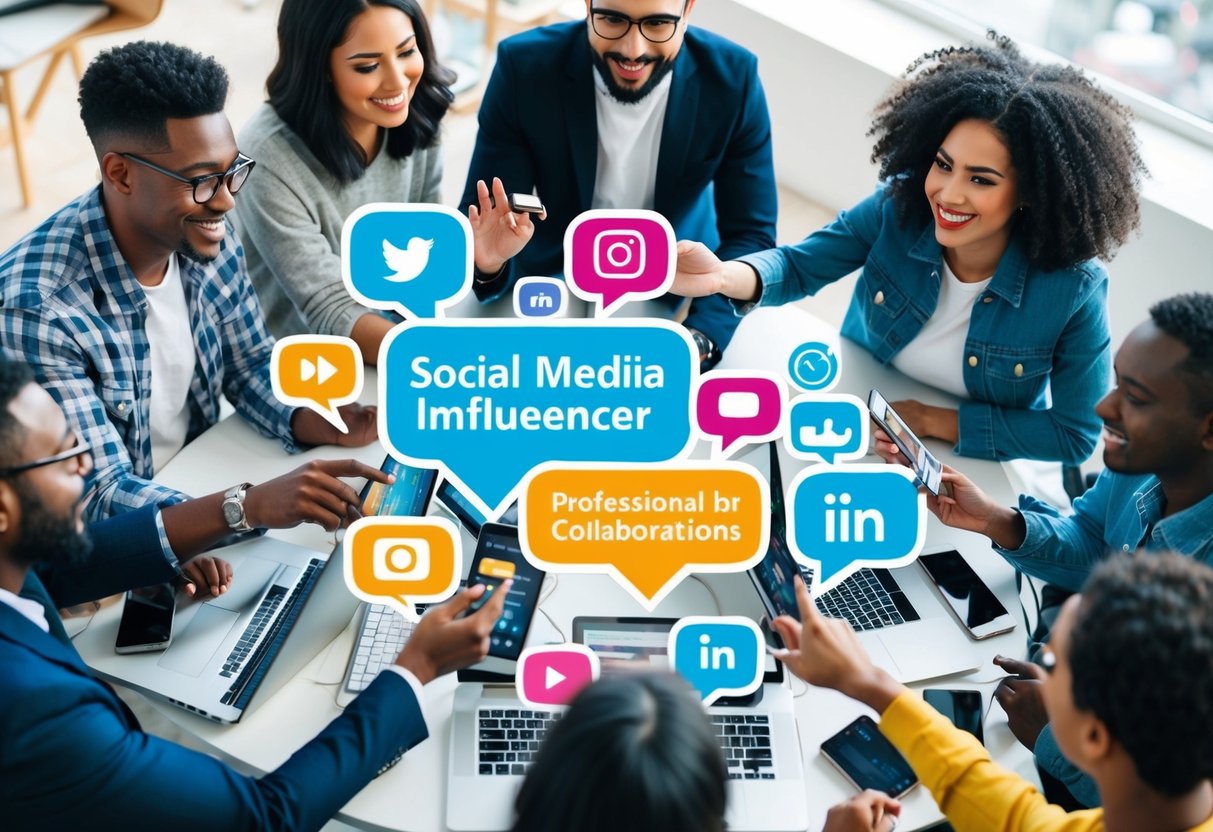 A group of diverse individuals engaging in various marketing activities, including social media and influencer collaborations. Bright colors and modern technology are prominent in the scene