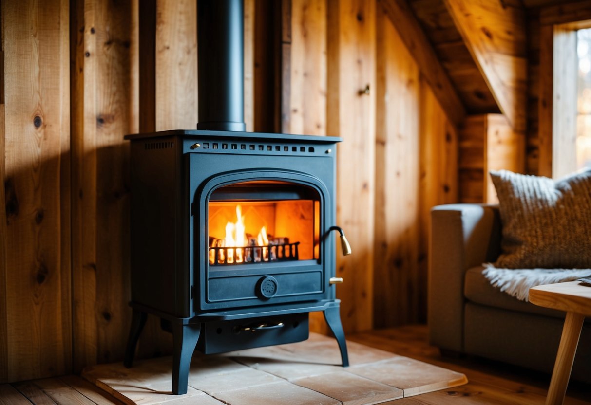 A cozy cabin with a cassette stove glowing warmly, casting a soft light on the rustic interior