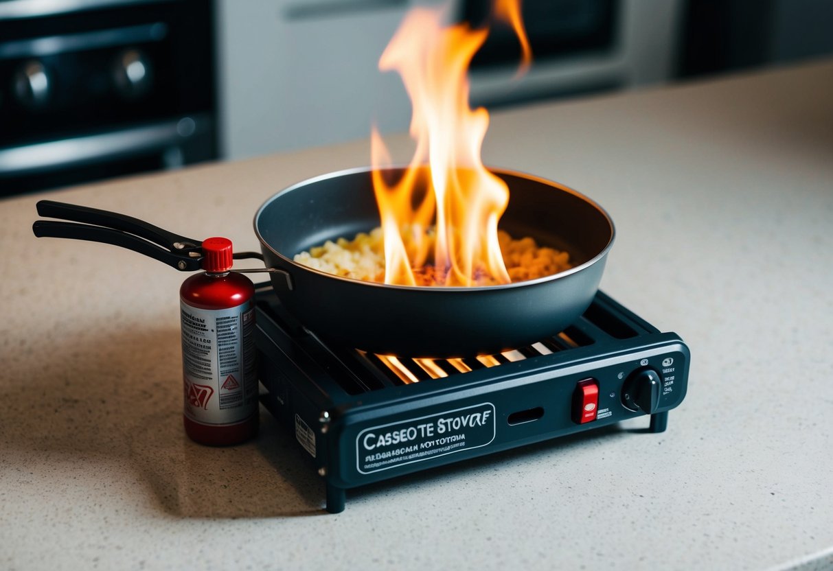 A cassette stove sits on a countertop, flames flickering beneath a pot. A small fuel canister is attached to the side