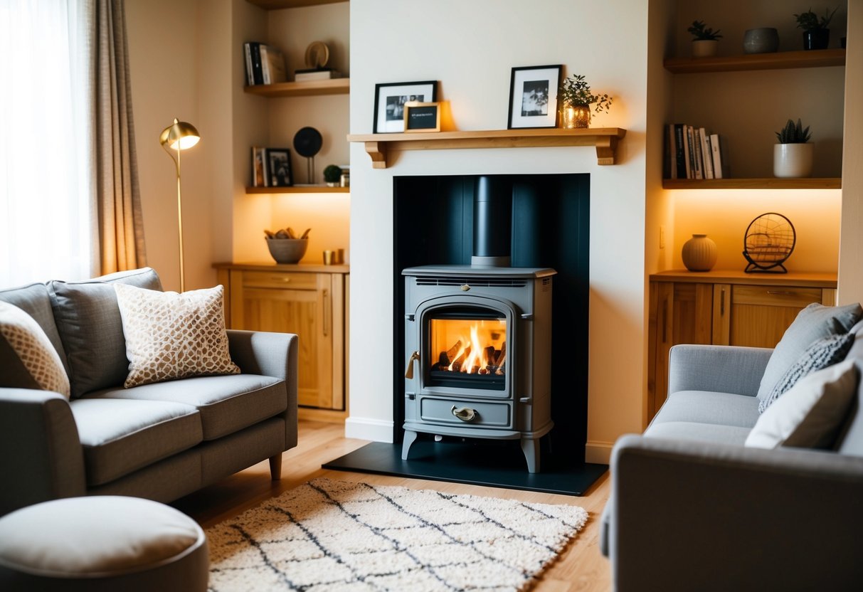 A cozy living room with a cassette stove in the center, surrounded by comfortable seating and warm lighting