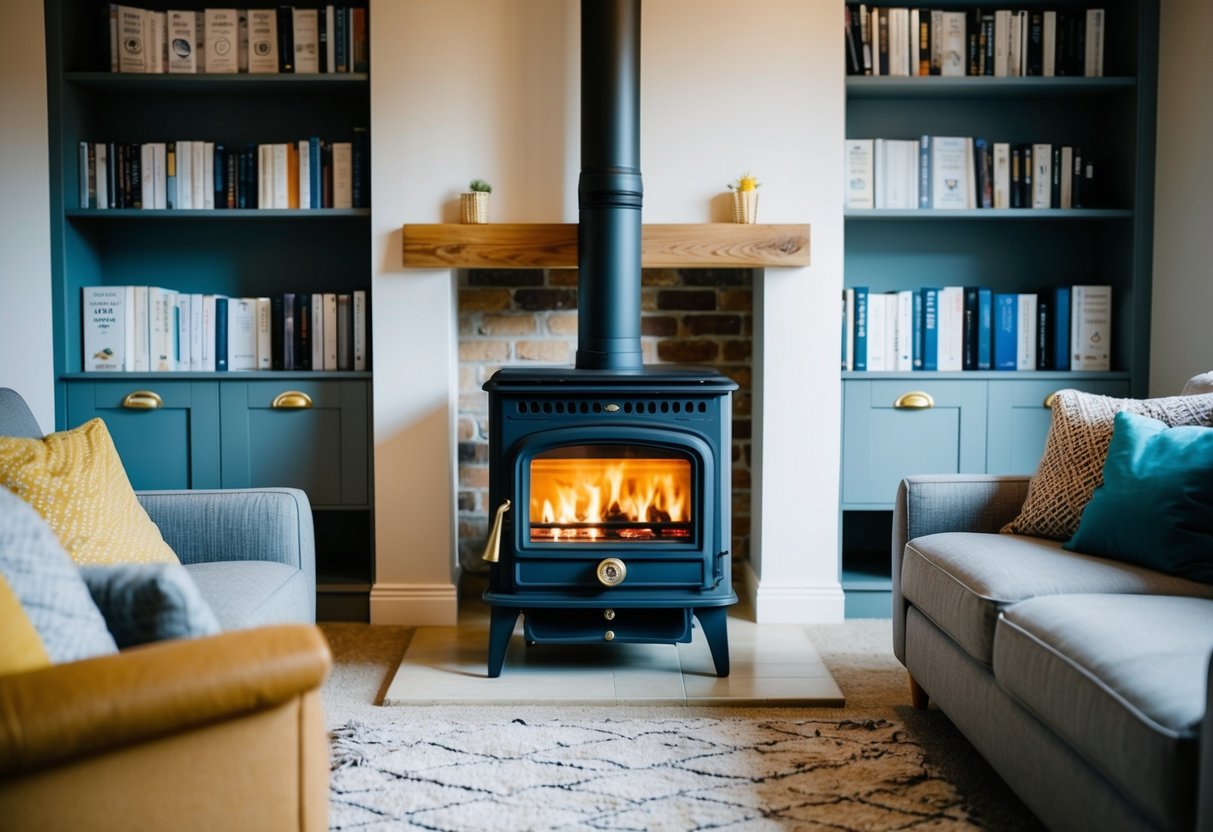 A cozy living room with a cassette stove as the focal point, surrounded by comfortable seating and shelves of FAQ literature