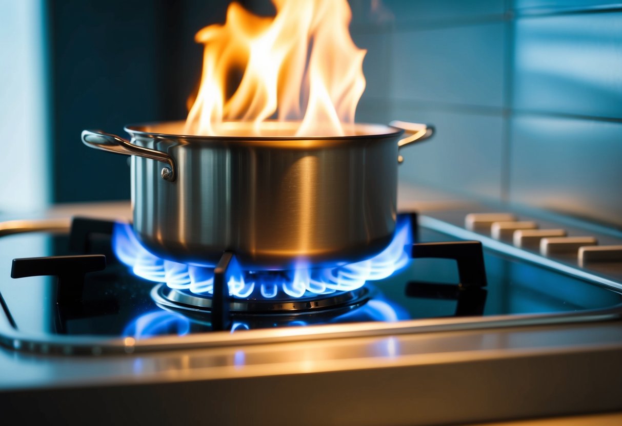 A bio ethanol stove burns clean fuel in a modern kitchen, with blue flames heating a pot on a sleek glass cooktop