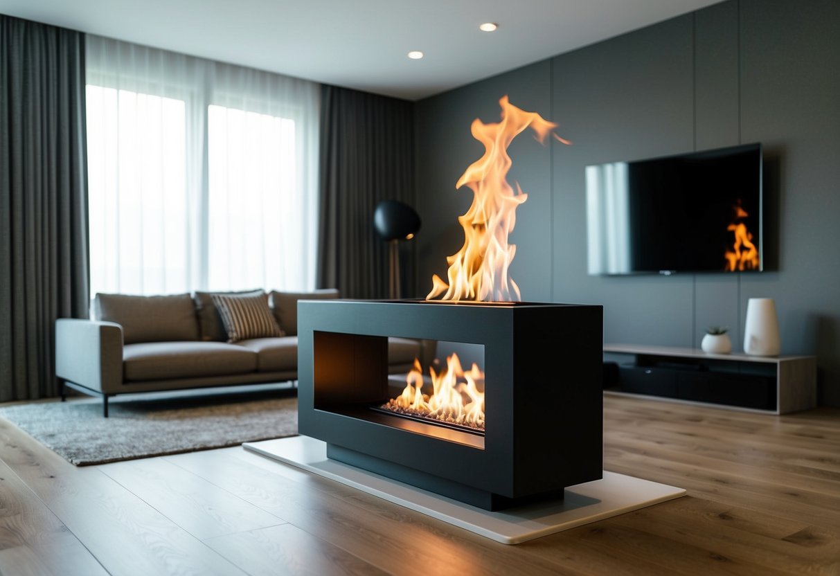 A modern bioethanol fireplace with a sleek design, burning clean and smokeless flames, creating a warm and cozy ambiance in a contemporary living room