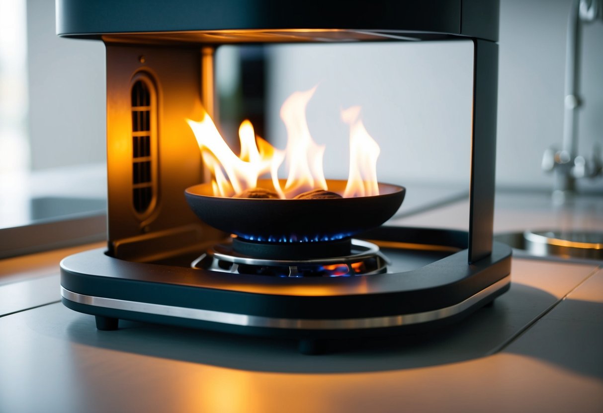 A bioethanol stove burning cleanly in a modern kitchen, with a small flame illuminating the interior of the stove