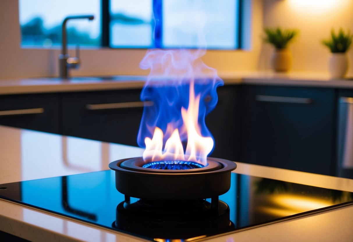 A bio ethanol stove burning cleanly with a blue flame, emitting warmth and light in a modern kitchen setting