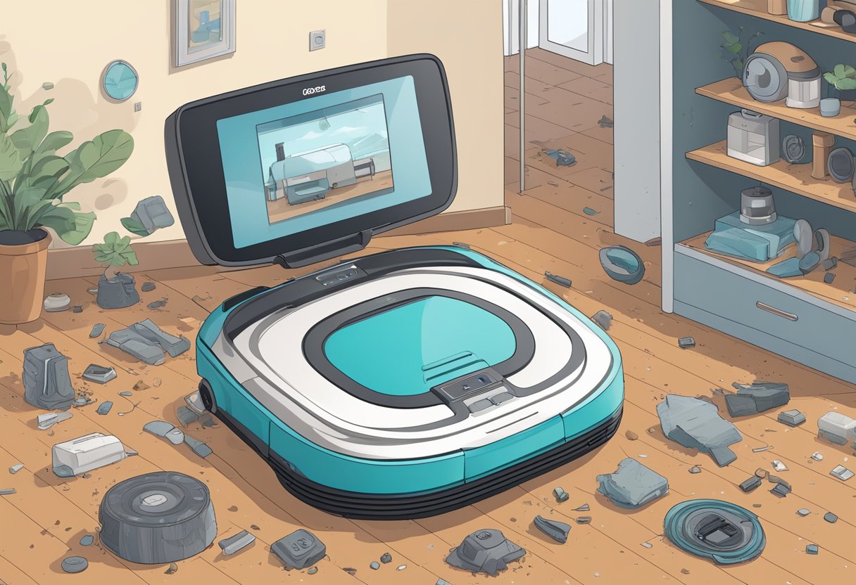 A robot vacuum cleaner surrounded by various household debris and dirt, with a list of top 10 reviews displayed on a screen in the background