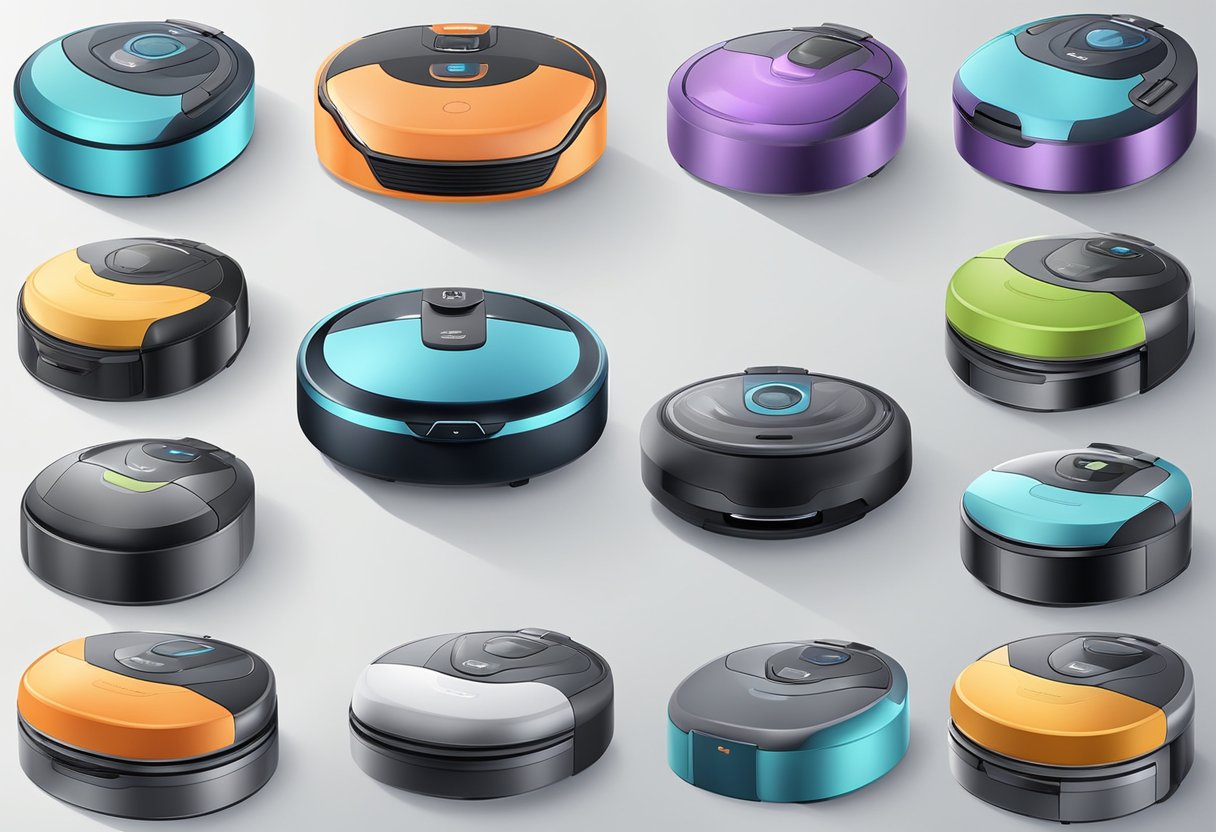 A lineup of 10 sleek, modern robot vacuum cleaners arranged in a grid pattern, each with unique features and designs