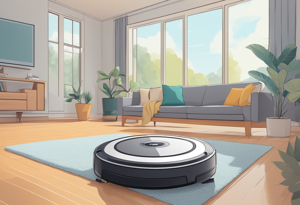 A sleek, modern robot vacuum cleaner navigating through a clutter-free living room, efficiently cleaning the floor with precision and ease