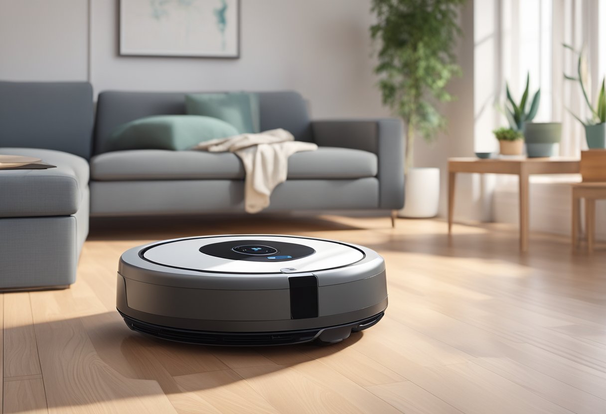 A sleek robot vacuum cleaner glides across a clean, modern living room floor, with furniture and plants in the background