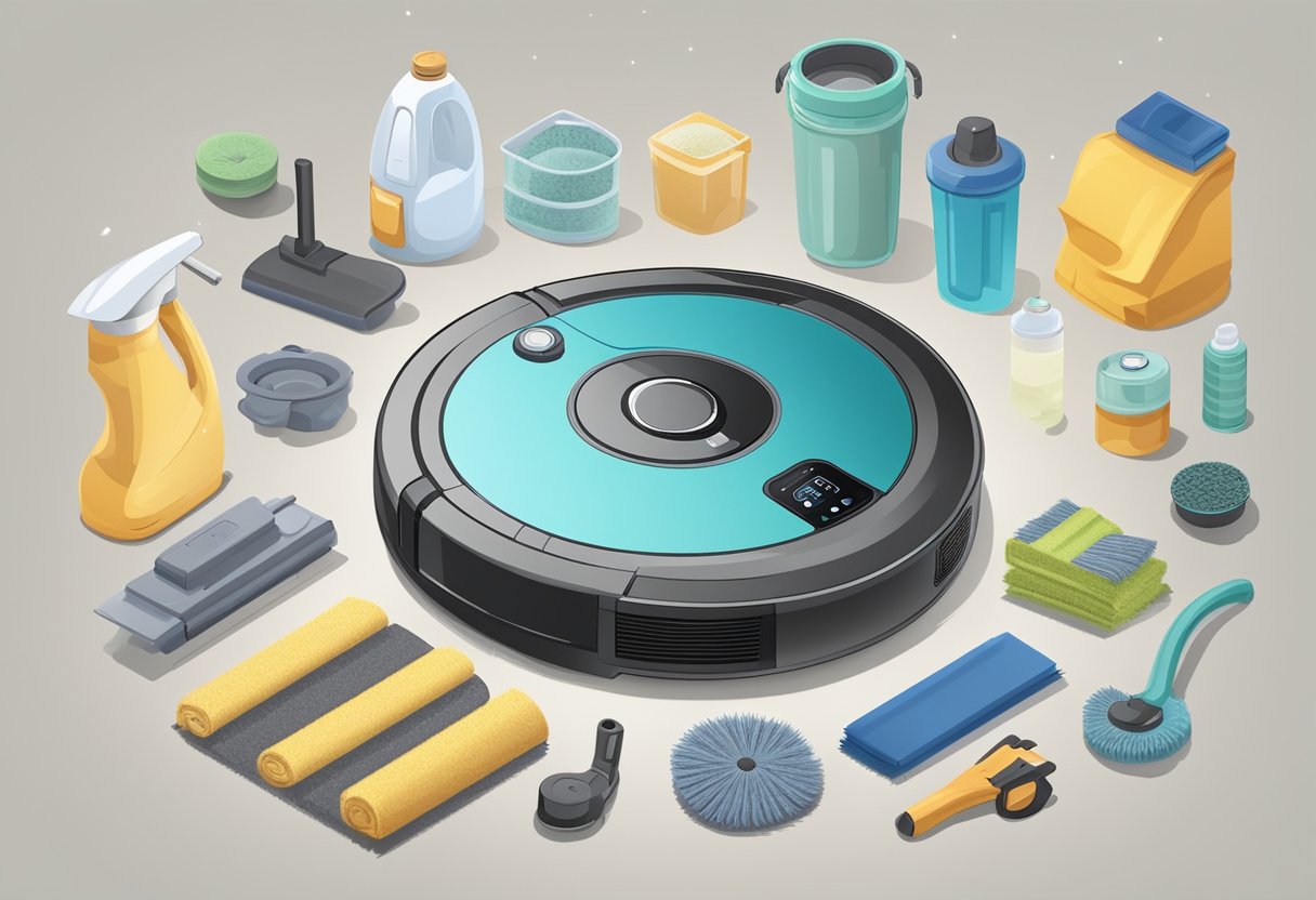 A robot vacuum cleaner surrounded by various cleaning supplies and tools, with a list of top 10 reviews displayed nearby