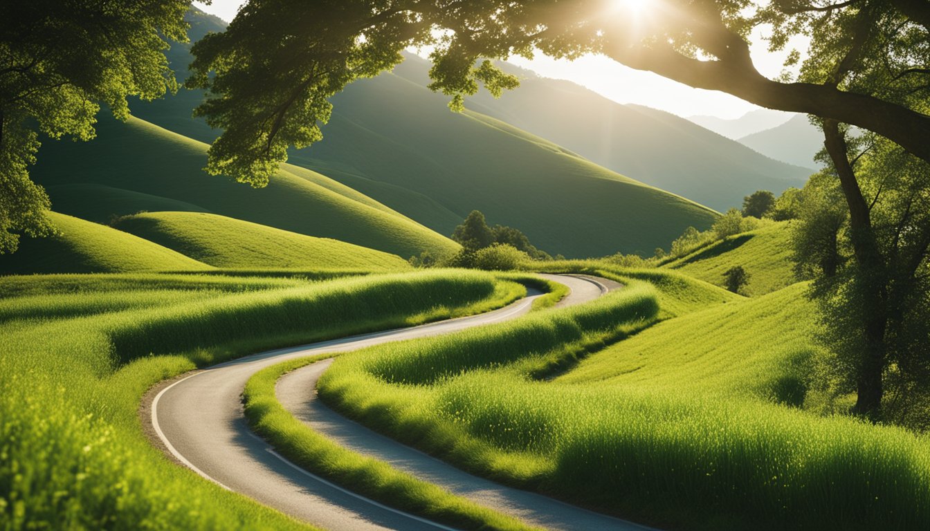 A winding road through lush green mountains, with a clear blue sky and the sun shining down, creating a sense of peace and tranquility