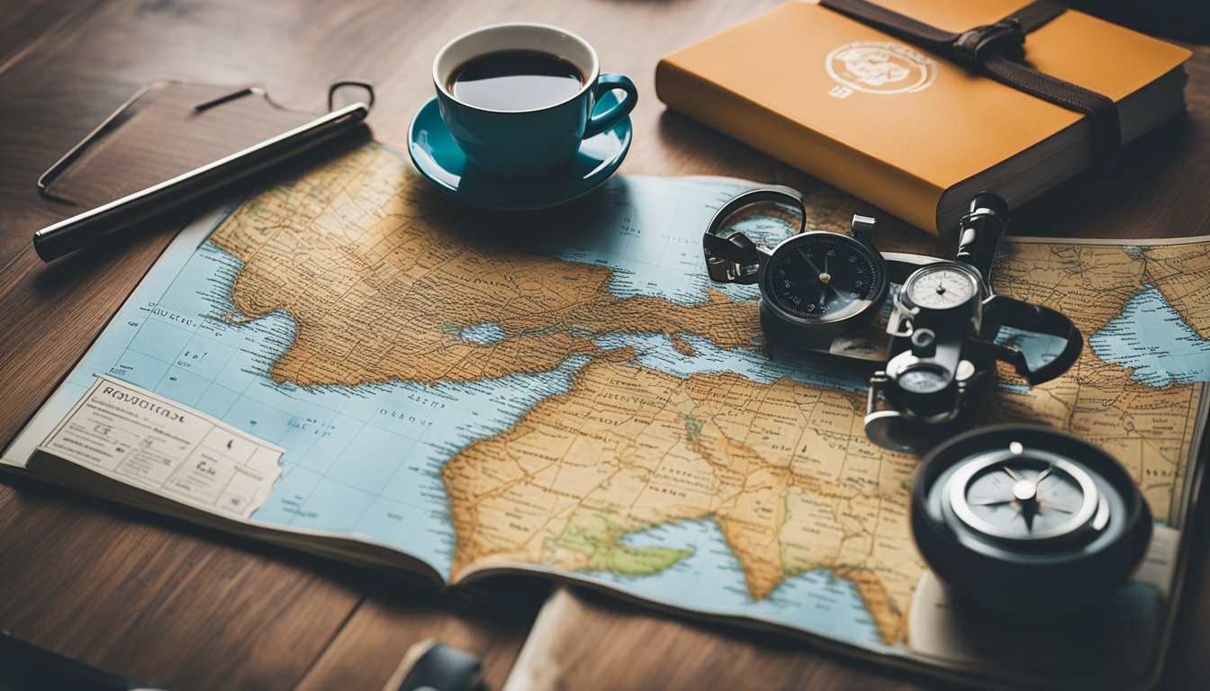 A colorful map spread out on a table, surrounded by travel guides, a compass, and a cup of coffee