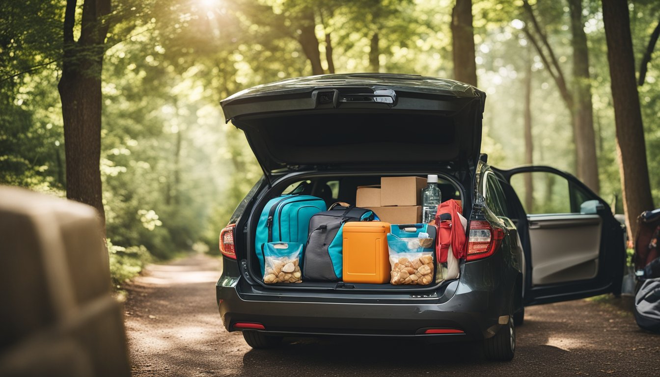 A car trunk packed neatly with suitcases, camping gear, and snacks for a stress-free road trip