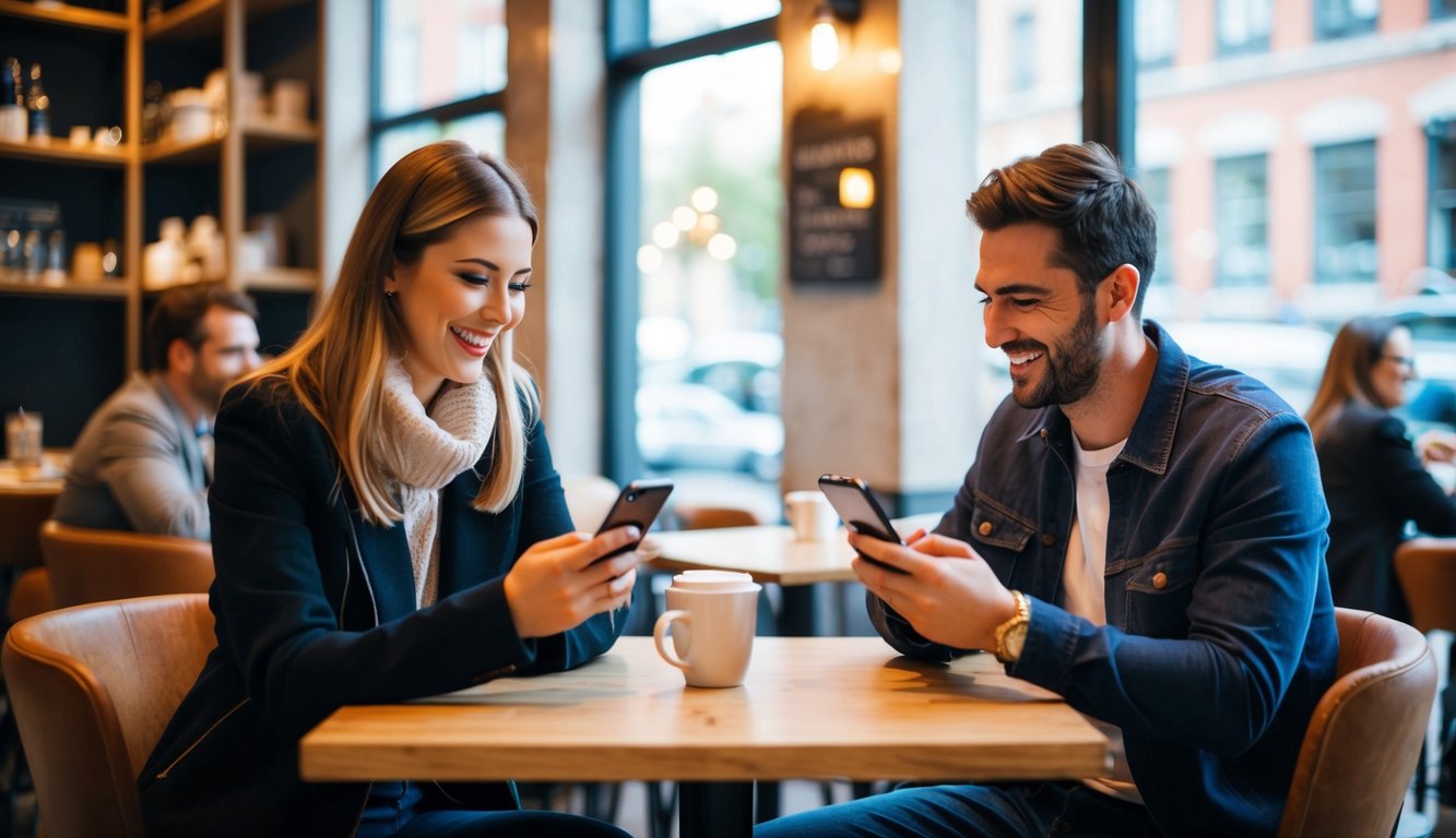 En koselig kafé med to personer som sitter overfor hverandre, prater og ler mens de ser på telefonene sine.