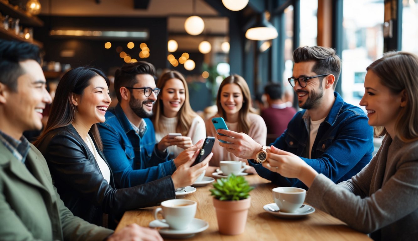 En koselig kafé med folk som prater og ler, mens andre sveiper gjennom en datingapp på telefonene sine.