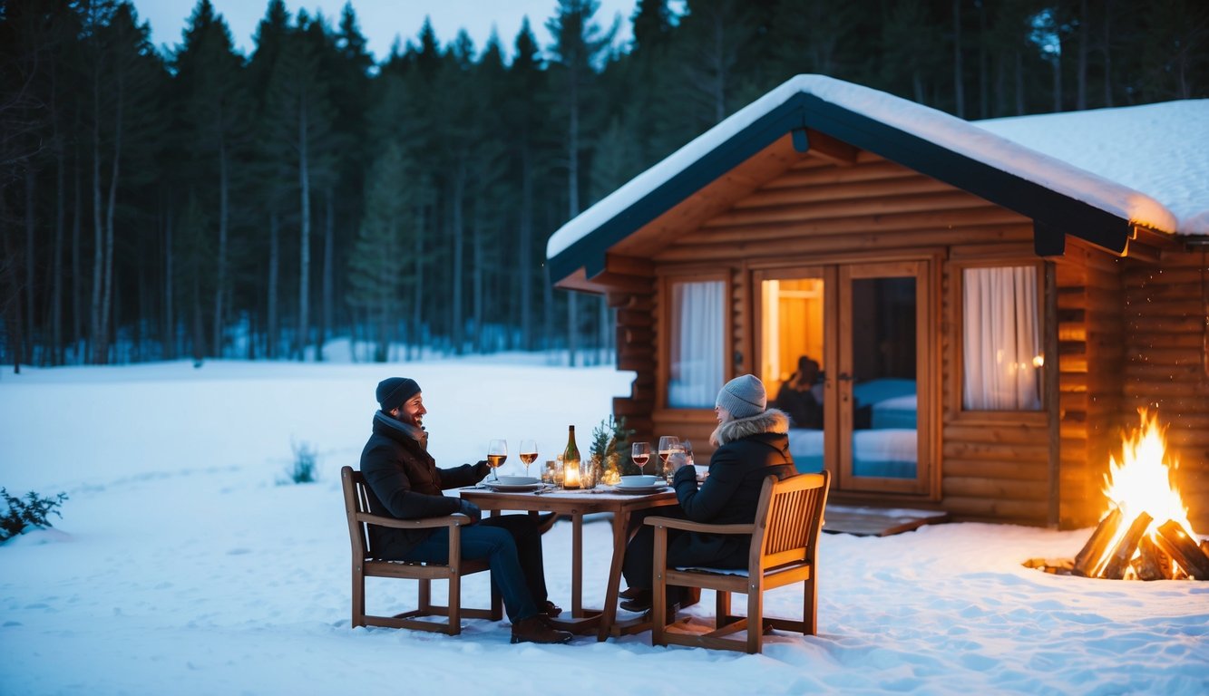 En koselig hytte i en snødekt skog, med en varm ild og to personer som nyter en romantisk middag