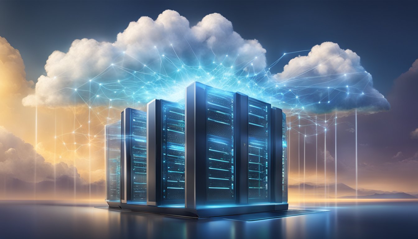 A cluster of interconnected clouds hovering above a computer server, emitting rays of light and unlocking various benefits